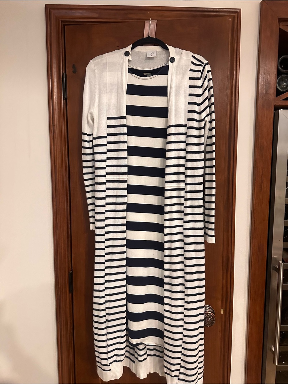 CAbi Navy and Cream Long Cardigan